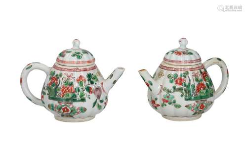 A pair of ribbed famille verte porcelain teapots, decorated ...