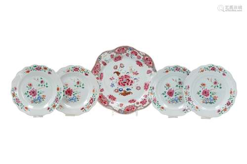 A set of four famille rose porcelain dishes with scalloped r...