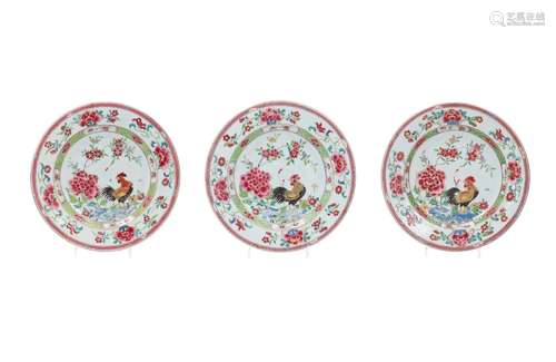 A set of three famille rose porcelain dishes, decorated with...