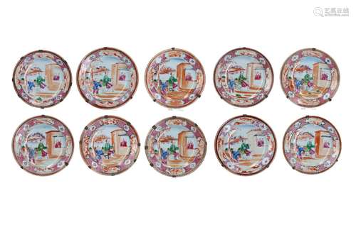 A set of 10 polychrome Mandarin porcelain saucers. Unmarked....