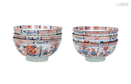 A set of six Imari porcelain bowls, decorated with flowers a...