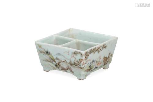 A square Qian Jiang Cai porcelain dish on legs with three co...