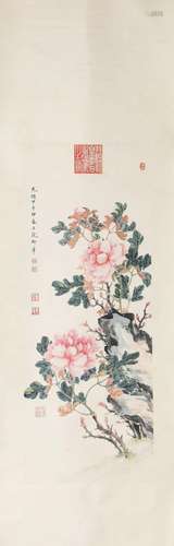 A Chinese Flower Painting Paper Scroll, Ci Xi Mark