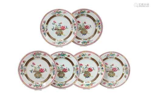 A set of six famille rose porcelain dishes, decorated with a...