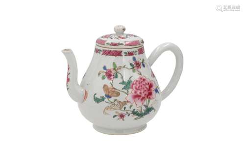 A famille rose porcelain teapot, decorated with flowers. Unm...