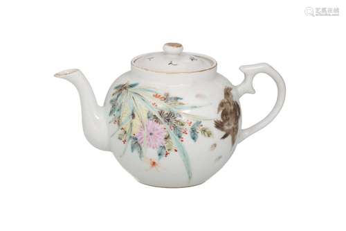 A Qian Jing Cai porcelain teapot, decorated with flowers, bi...