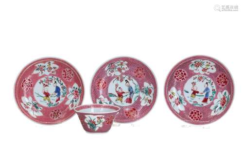 A set of one famille rose porcelain cup with three saucers, ...