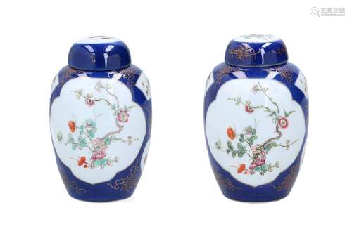 A pair of powder blue lidded ginger jars, decorated with pol...