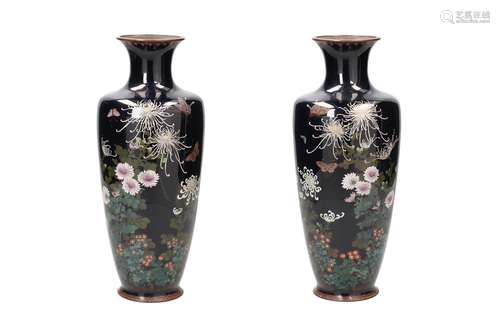 A pair of polychrome cloisonné vases, decorated with flowers...