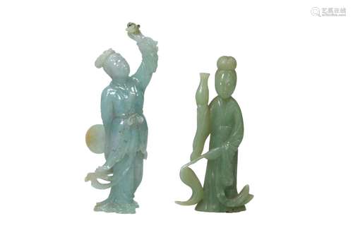 Lot of two carved jadeite sculptures depicting Baochai, one ...