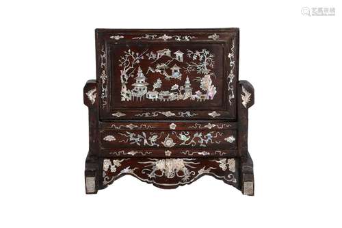 A wooden table screen with mother of pearl inlay depicting b...