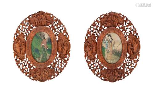 A pair of paintings on marble in carved wooden frames, depic...