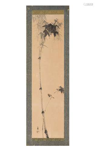 A scroll painting depicting bamboo and a bird. Japan, 19th c...