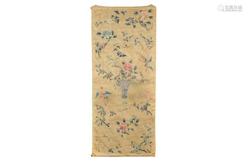 A silk embroidery depicting cranes and flowers. China, 19th ...