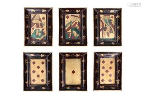 A set of six rectangular lacquer dishes, decorated with play...