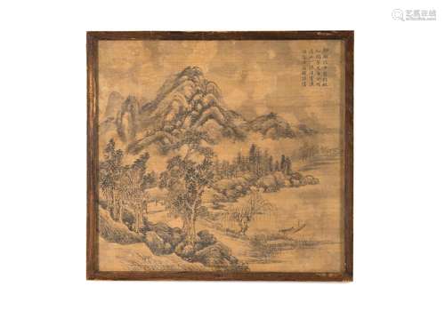 A scroll painting depicting a mountainous river landscape an...