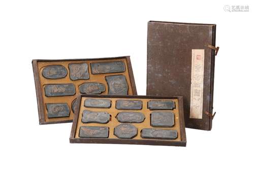 A set of 18 gilt-decorated pictorial ink cakes in original d...