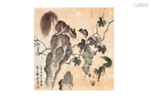 A scroll painting on paper, depicting squirrels. Signed Liu ...