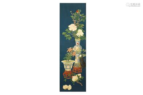 A scroll depicting flowers and peaches. Signed. After Langsi...