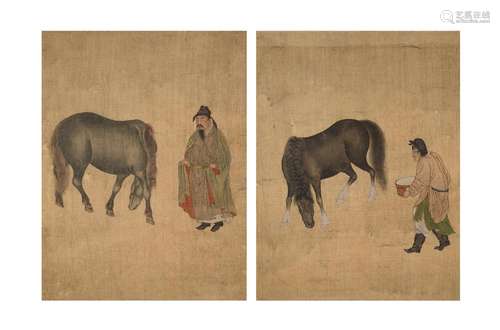 A pair of water color paintings on silk in frame, depicting ...