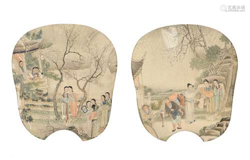 A pair of water color fans in frame, depicting figures and a...