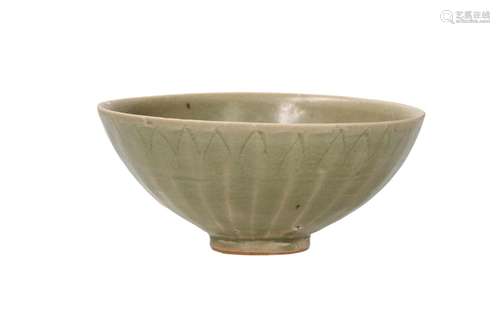 A celadon glazed ribbed bowl with brown base. Unmarked. Chin...