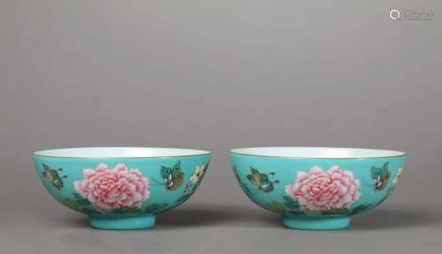 A Pair of Turquoise-Ground Famille Rose Butterfly and