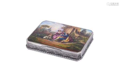 A CONTINENTAL SILVER AND ENAMEL CANTED-RECTANGULAR TABLE BOX
