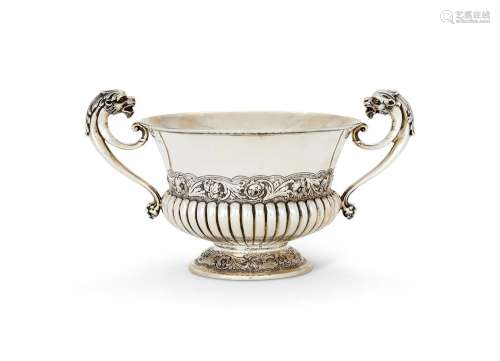 A VICTORIAN SILVER TWIN HANDLED PEDESTAL BOWL BY WAKELY &...