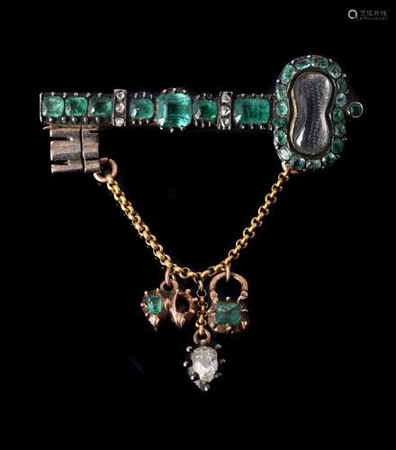 A GEORGE III EMERALD AND DIAMOND KEY BROOCH