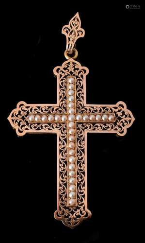 A LATE 19TH CENTURY GOLD HALF PEARL CROSS PENDANT