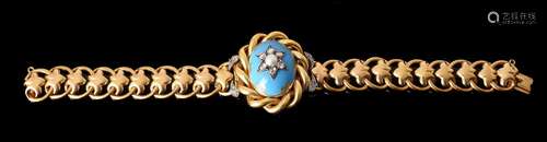 A MID VICTORIAN DIAMOND AND HALF PEARL BLUE ENAMELLED BRACEL...