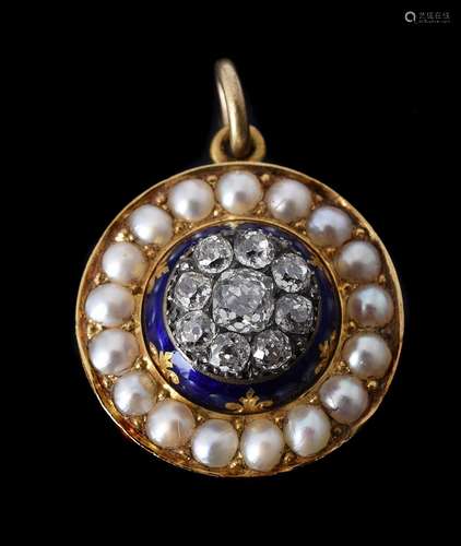 A VICTORIAN DIAMOND HALF PEARL AND BLUE ENAMEL PENDANT