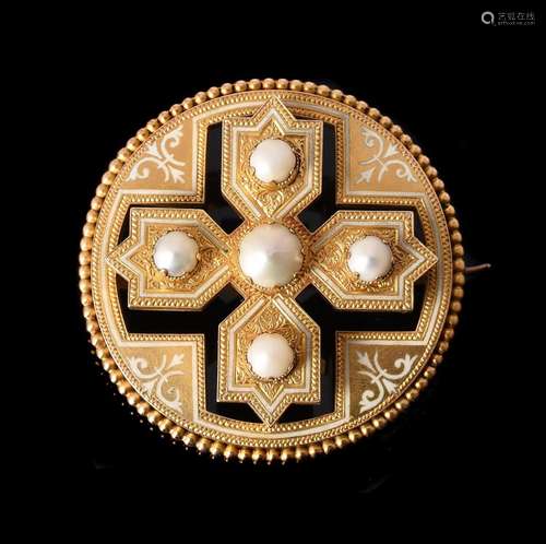 A VICTORIAN TAY PEARL AND ENAMEL BROOCH