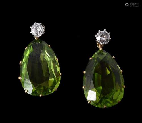 A PAIR OF PERIDOT AND DIAMOND EAR PENDANTS