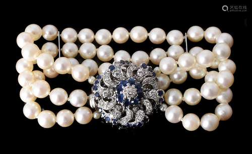 A DIAMOND, SAPPHIRE AND CULTURED PEARL BRACELET