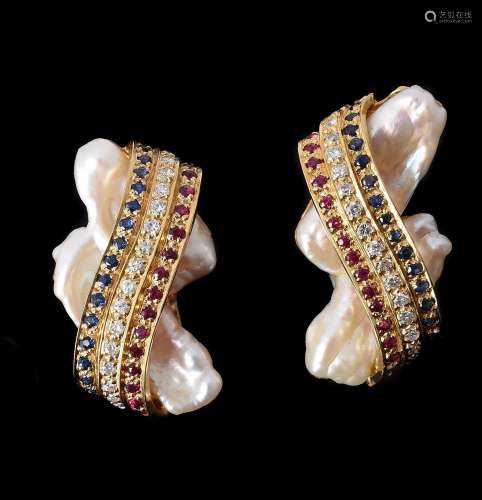 A PAIR OF FRESHWATER CULTURED PEARL, RUBY, SAPPHIRE AND DIAM...