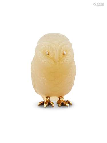 A CARVED CHALCEDONY AND DIAMOND OWL