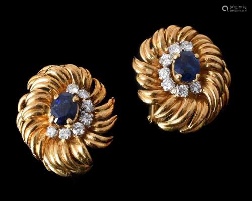 KUTCHINSKY, A PAIR OF 1960S SAPPHIRE AND DIAMOND CLUSTER EAR...