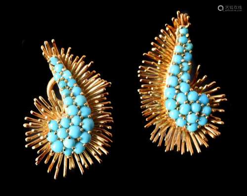 KUTCHINSKY, A PAIR OF 1960S TURQUOISE ABSTRACT PANEL EAR CLI...