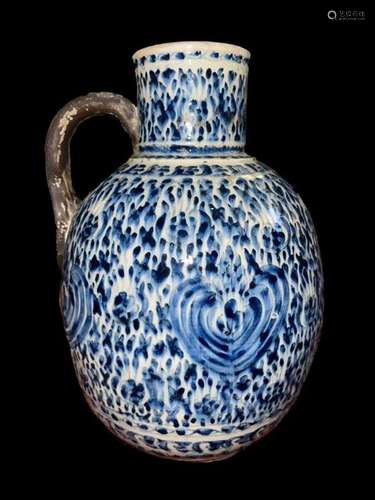 A LARGE RARE BLUE & WHITE DECORATED POTTERY JUG TURKEY, ...