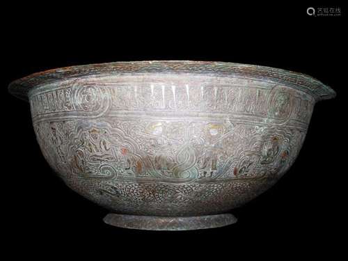 LARGE IMPRESSIVE ISLAMIC SILVER INLAY BOWL WITH IMPORTANT RE...