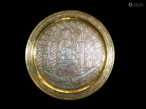 19TH CENTURY DAMASCENE SILVER INLAY TRAY WITH BIBLICAL SCENE...