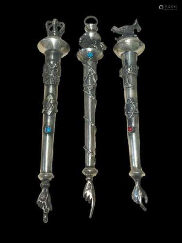 THREE 19TH CENTURY RUSSIAN SILVER TORAH POINTERS WITH SEMI P...