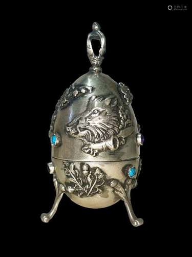 19th CENTURY RUSSIAN MODEL EGG WILD BOAR HUNTERS THEMED FABE...