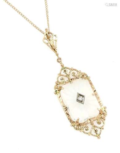 14 kt gold necklace with rock crystal and diamond