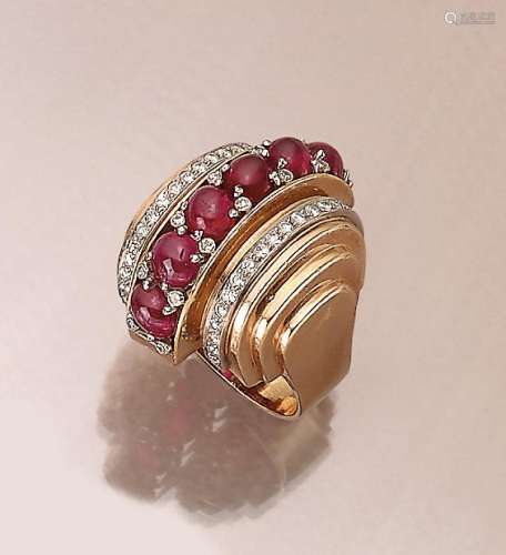 18 kt gold ring with rubies and diamonds, 1950s, Rose