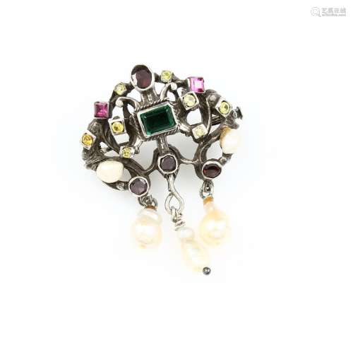 Brooch with pearls and coloured stones