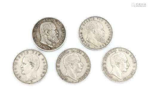 Lot 5 silver coins, 5 Mark, German Reich
