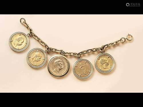 14 kt gold bracelet with 5 coin pendants